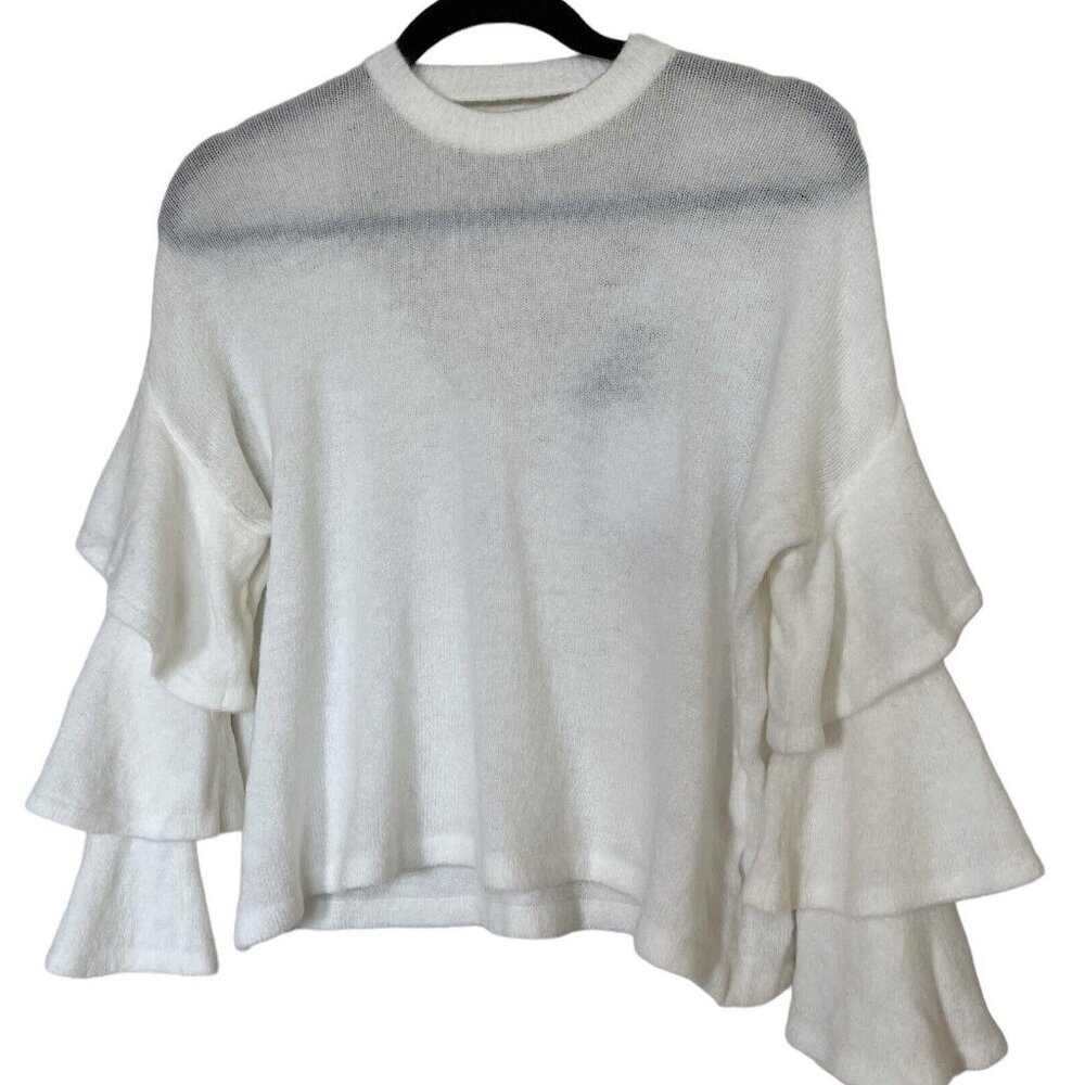 Olivaceous Sweater Womens Size Medium M Ruffle Tiered Sleeves Soft Cut Out‎ Back